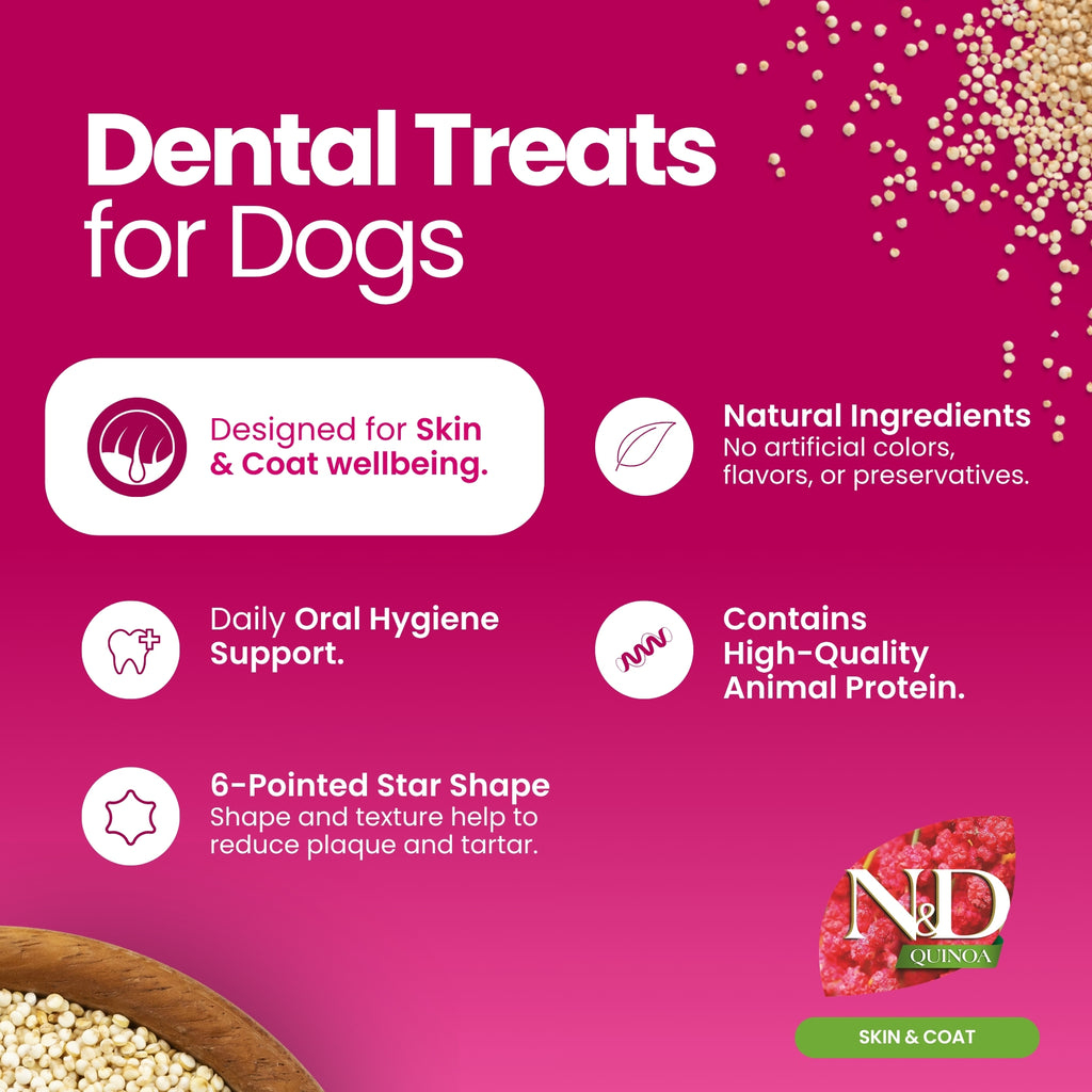 N&D Quinoa Dental Care Functional Treats Grain-Free Skin & Coat Venison with Coconut and Turmeric Adult Mini 60gm