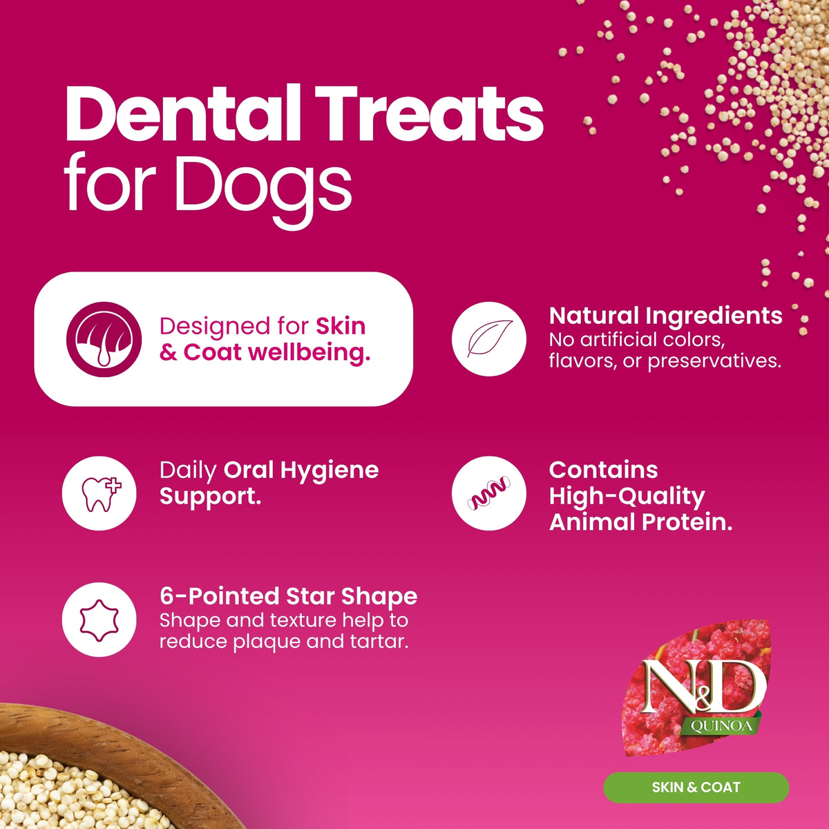 N&D Quinoa Dental Care Functional Treats Grain-Free Skin & Coat Quail with Quinoa, Coconut and Turmeric Adult Mini 60gm