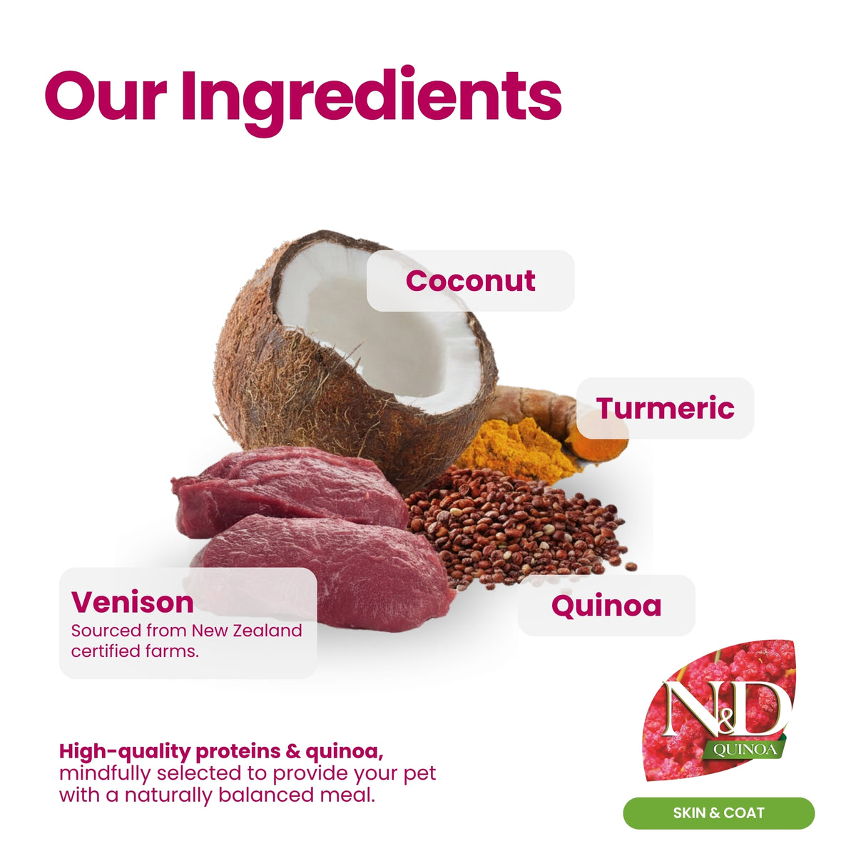 N&D Quinoa Dental Care Functional Treats Grain-Free Skin & Coat Venison with Coconut and Turmeric Adult Mini 60gm