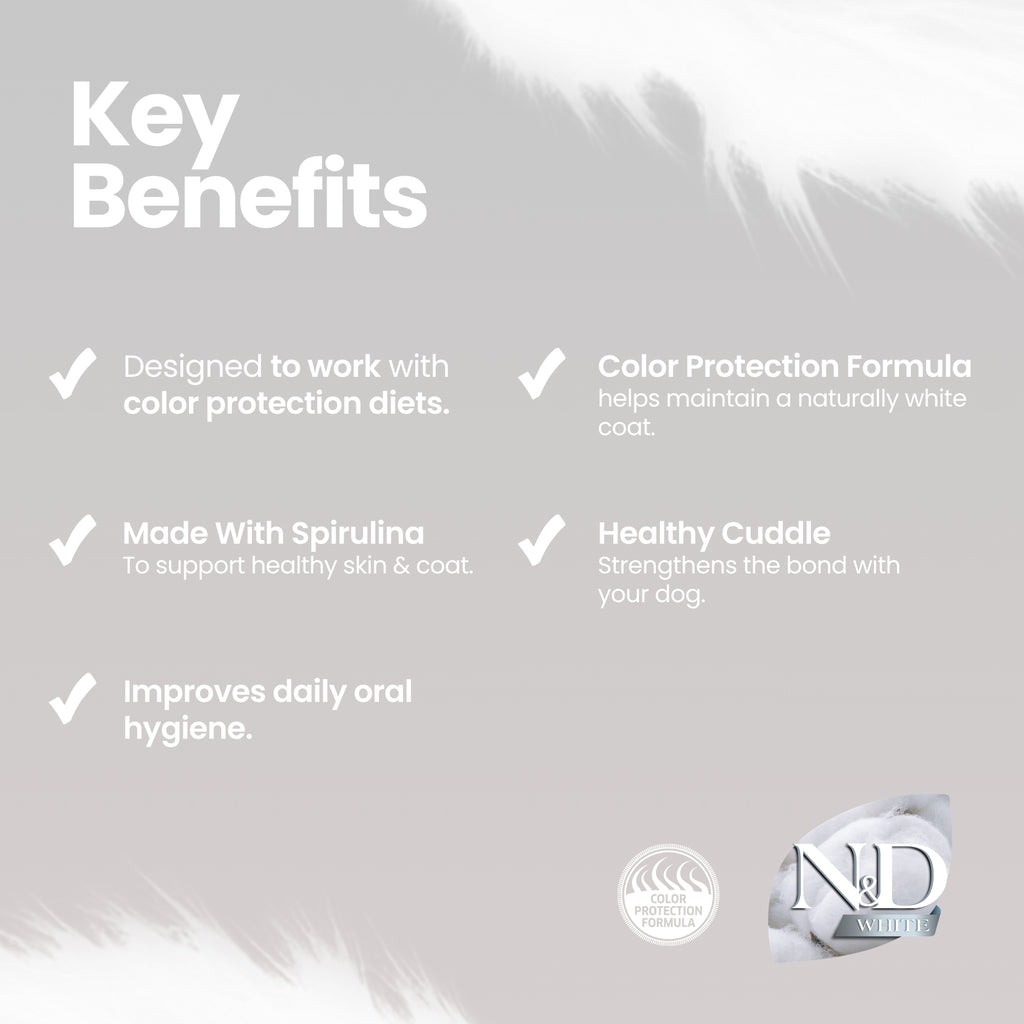N&D White Dental Care Color Protection Treats Grain-Free Seabass, Spirulina and Fennel Adult Mini 60gm