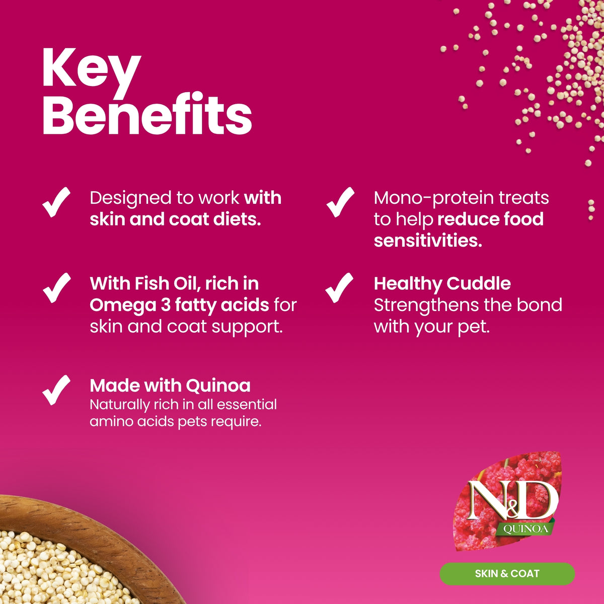 N&D Quinoa Dental Care Functional Treats Grain-Free Skin & Coat Herring with Quinoa, Coconut and Turmeric Adult Medium & Maxi 100gm