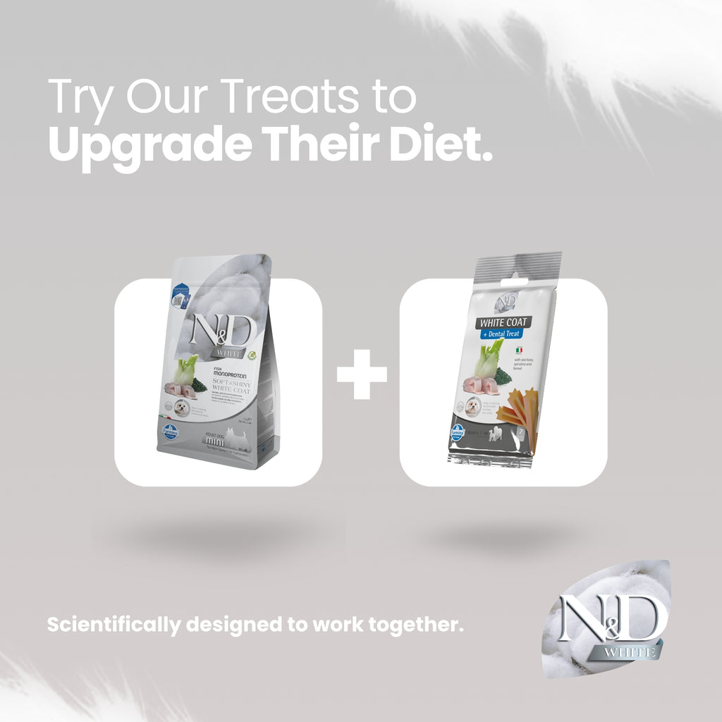 N&D White Dental Care Color Protection Treats Grain-Free Seabass, Spirulina and Fennel Adult Mini 60gm