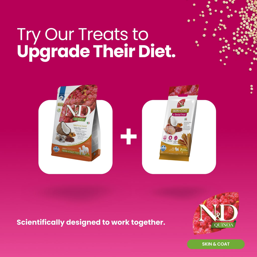 N&D Quinoa Dental Care Functional Treats Grain-Free Skin & Coat Quail with Quinoa, Coconut and Turmeric Adult Medium & Maxi 100gm