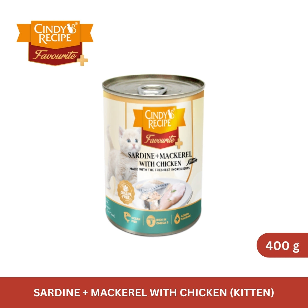 Cindy's Recipe Favourite + Series Sardine + Mackerel with Chicken for Kitten 400 g