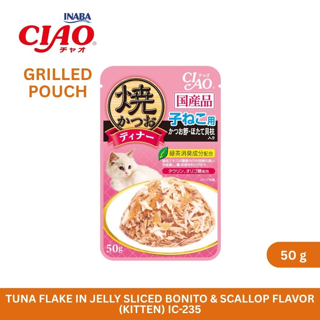 CIAO Grilled Pouch Grilled Tuna Flake in Jelly with Sliced Bonito & Scallop Flavor (Kitten) 50gm (Copy)