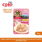 CIAO Grilled Pouch Grilled Tuna Flake in Jelly with Sliced Bonito & Scallop Flavor (Kitten) 50gm (Copy)