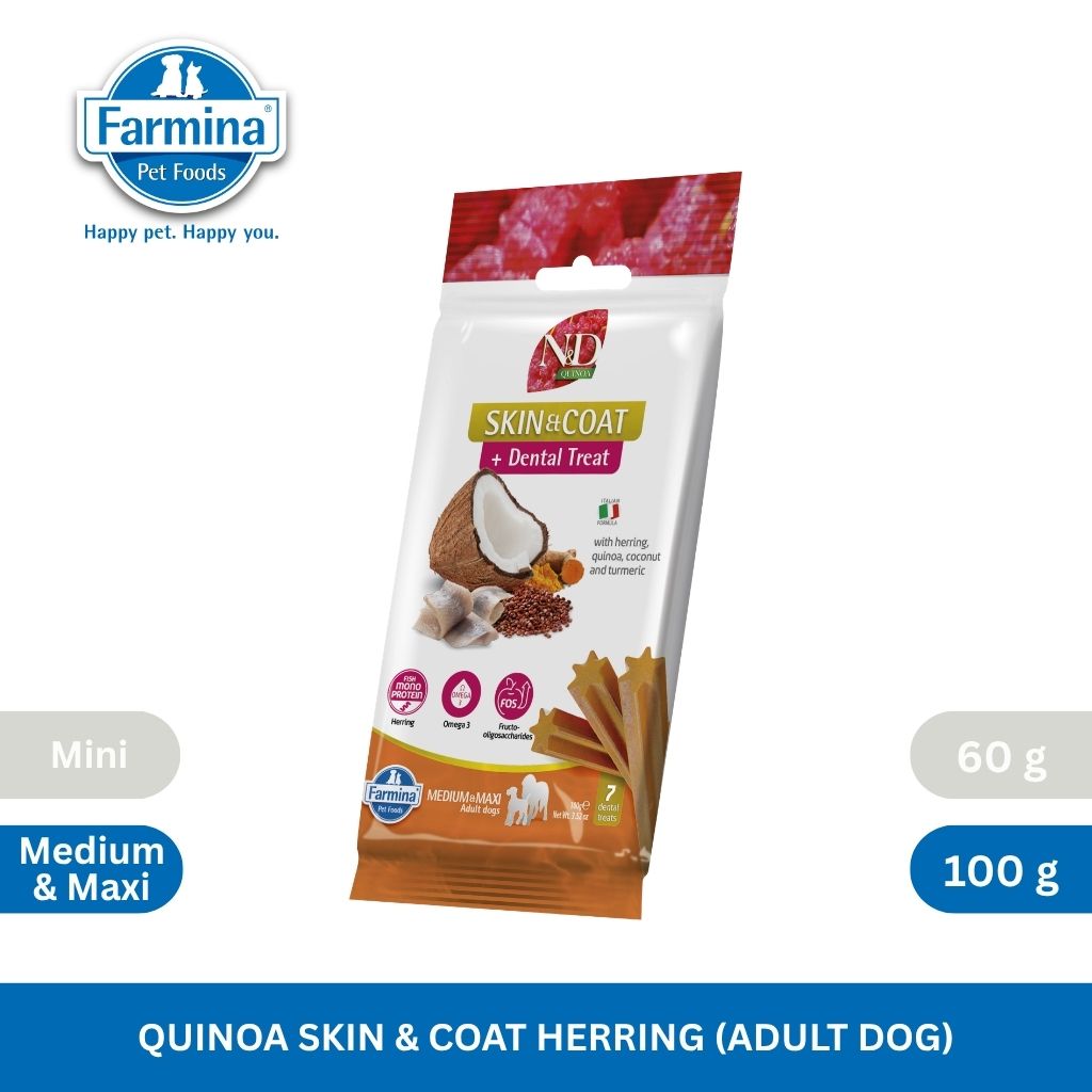 N&D Quinoa Dental Care Functional Treats Grain-Free Skin & Coat Herring with Quinoa, Coconut and Turmeric Adult Medium & Maxi 100gm