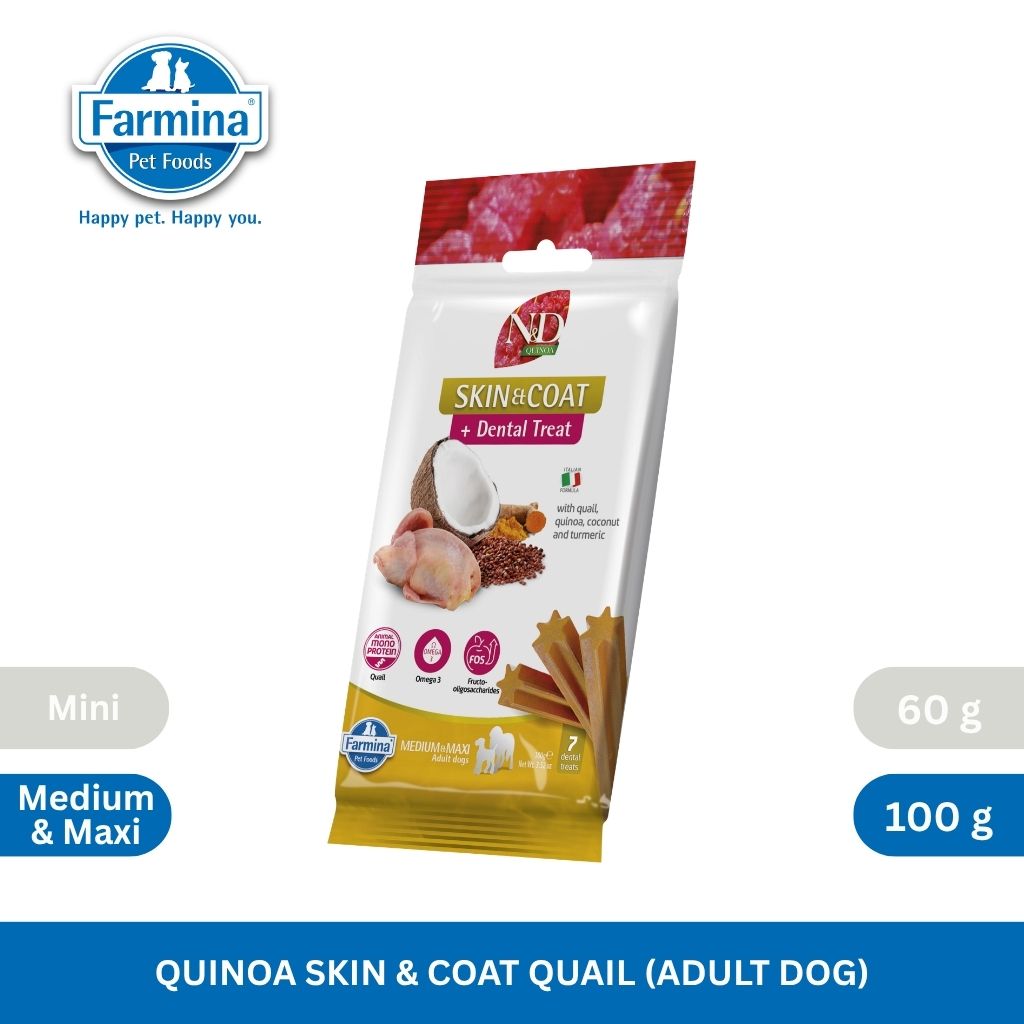 N&D Quinoa Dental Care Functional Treats Grain-Free Skin & Coat Quail with Quinoa, Coconut and Turmeric Adult Medium & Maxi 100gm