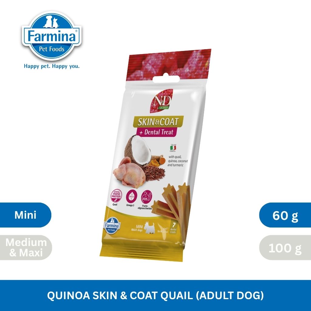 N&D Quinoa Dental Care Functional Treats Grain-Free Skin & Coat Quail with Quinoa, Coconut and Turmeric Adult Mini 60gm