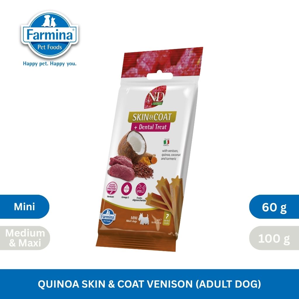 N&D Quinoa Dental Care Functional Treats Grain-Free Skin & Coat Venison with Coconut and Turmeric Adult Mini 60gm